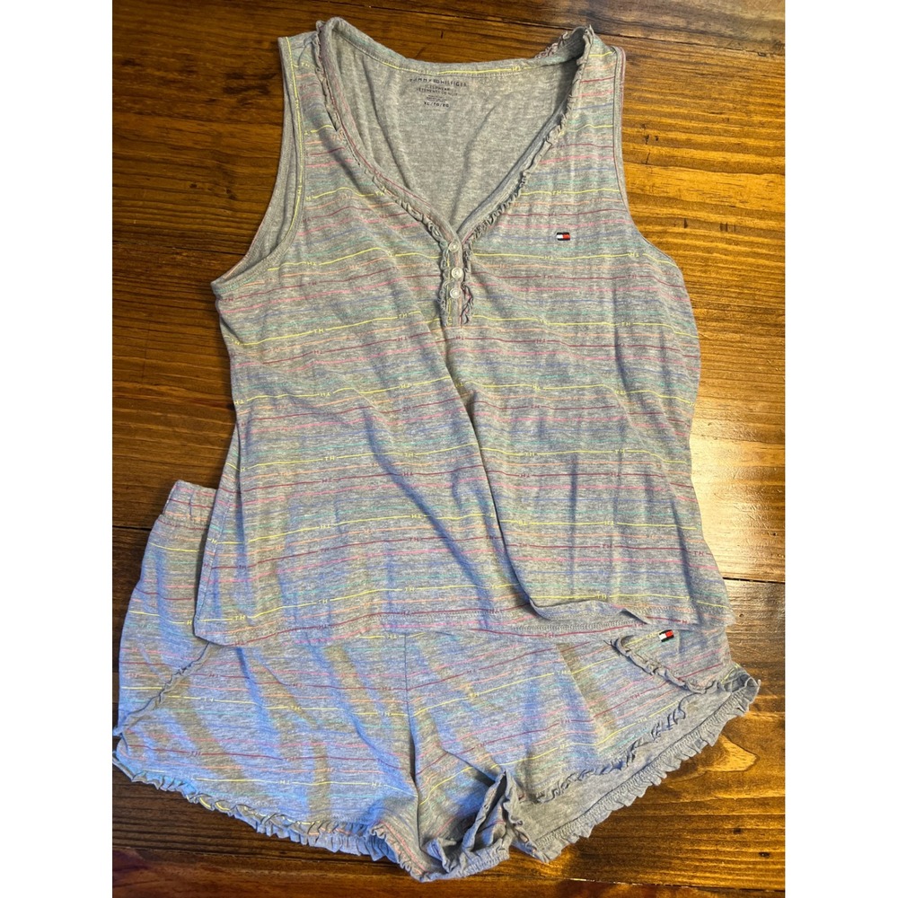 Tommy Hilfiger Pajama Set Womens XL Gray Rainbow Stripe Ruffle EUC